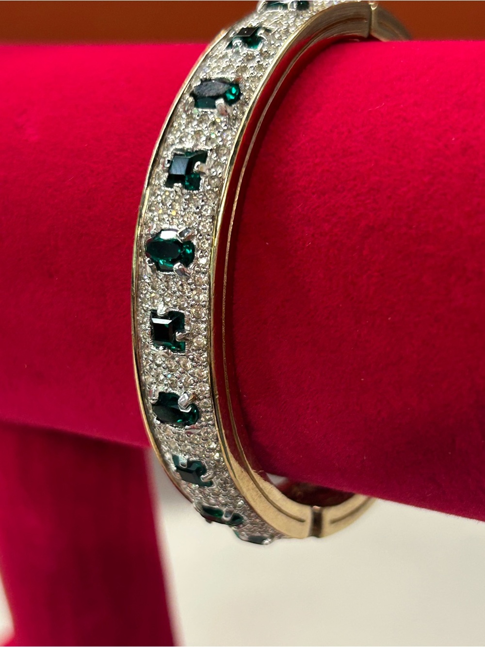 Vintage Panetta faux emerald rhinestone hinged bangle bracelet